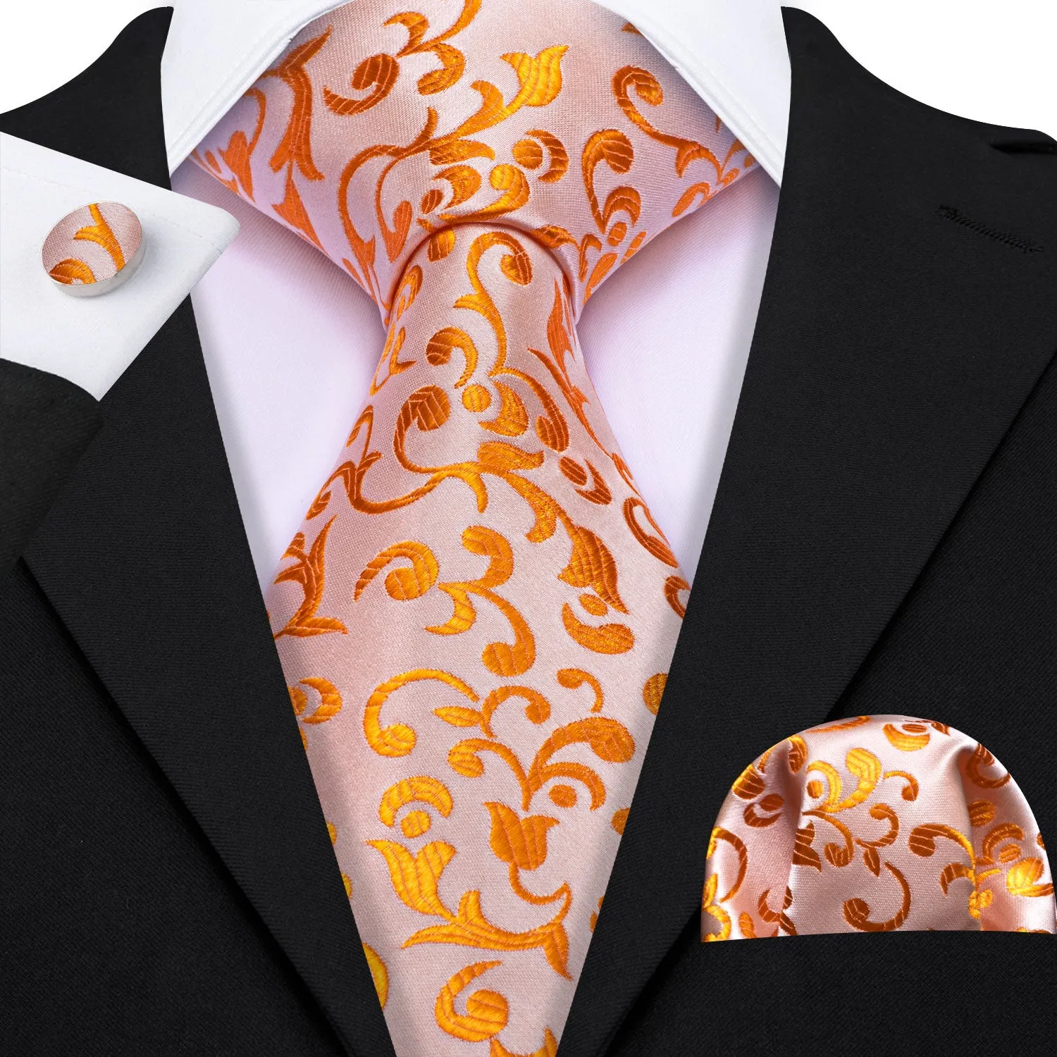 Barry. Wang Pink Orange Necktie Floral Men Silk Tie Hanky Cufflinks Set sold by Barrywang product image thumbnail 2