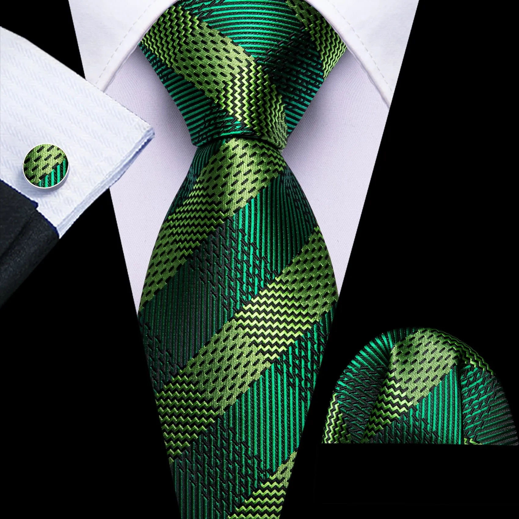 Barry Wang Dark Green Tie Chartreuse Checkered Men's Formal Ties Set sold by Barrywang