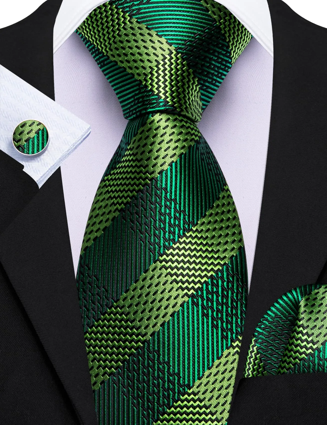 Barry Wang Dark Green Tie Chartreuse Checkered Men's Formal Ties Set sold by Barrywang product image thumbnail 5