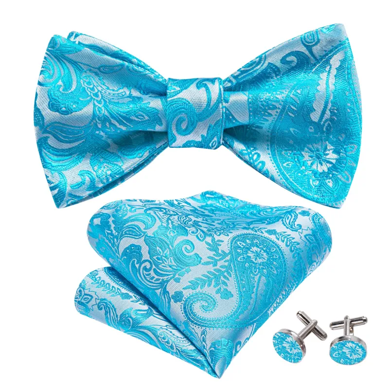 Barry. Wang Blue Silver Paisley Self Tie Bow Tie Hanky Cufflinks Set sold by Barrywang