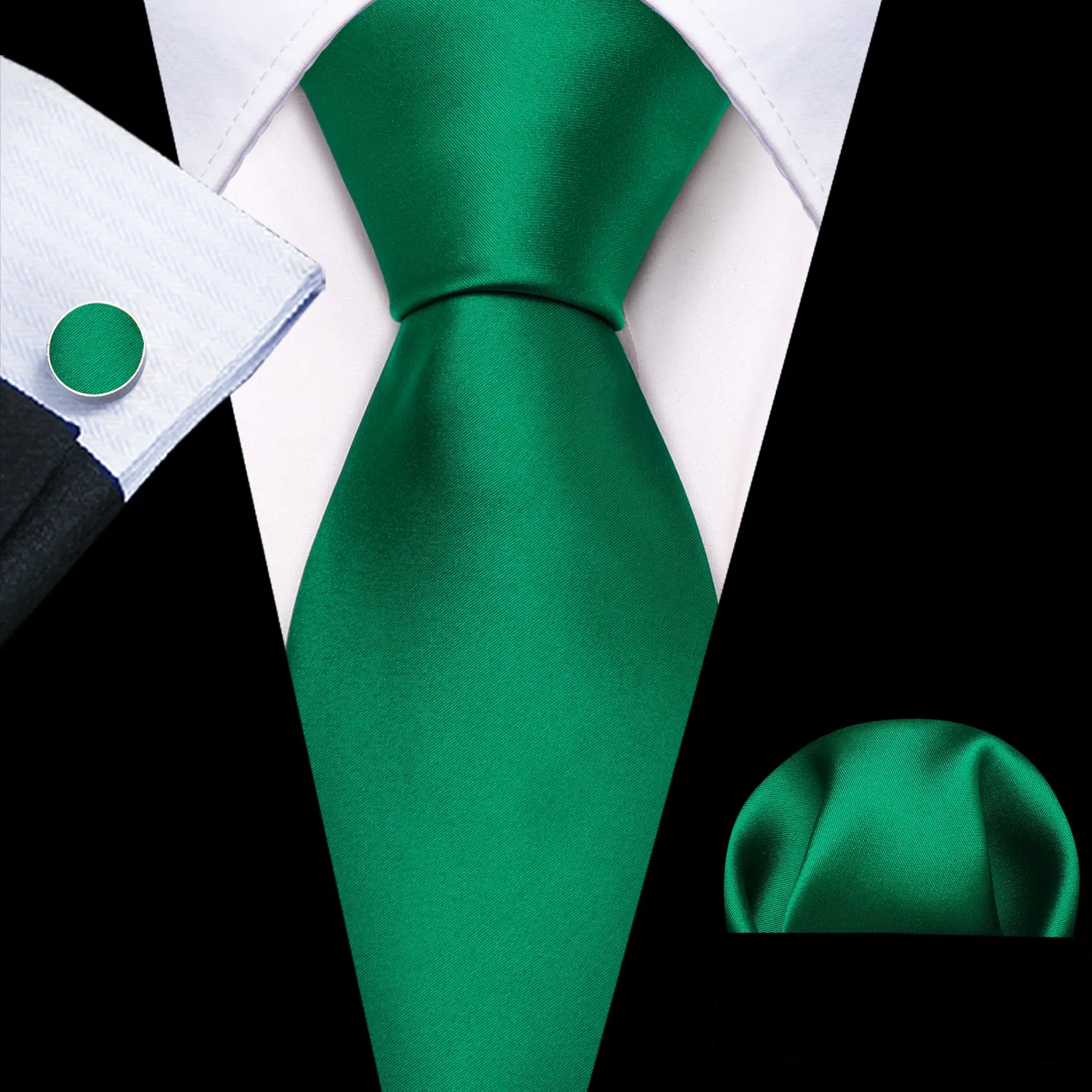 Barry Wang Emerald Green Solid Silk Tie Handkerchief Cufflinks Set For Men sold by Barrywang