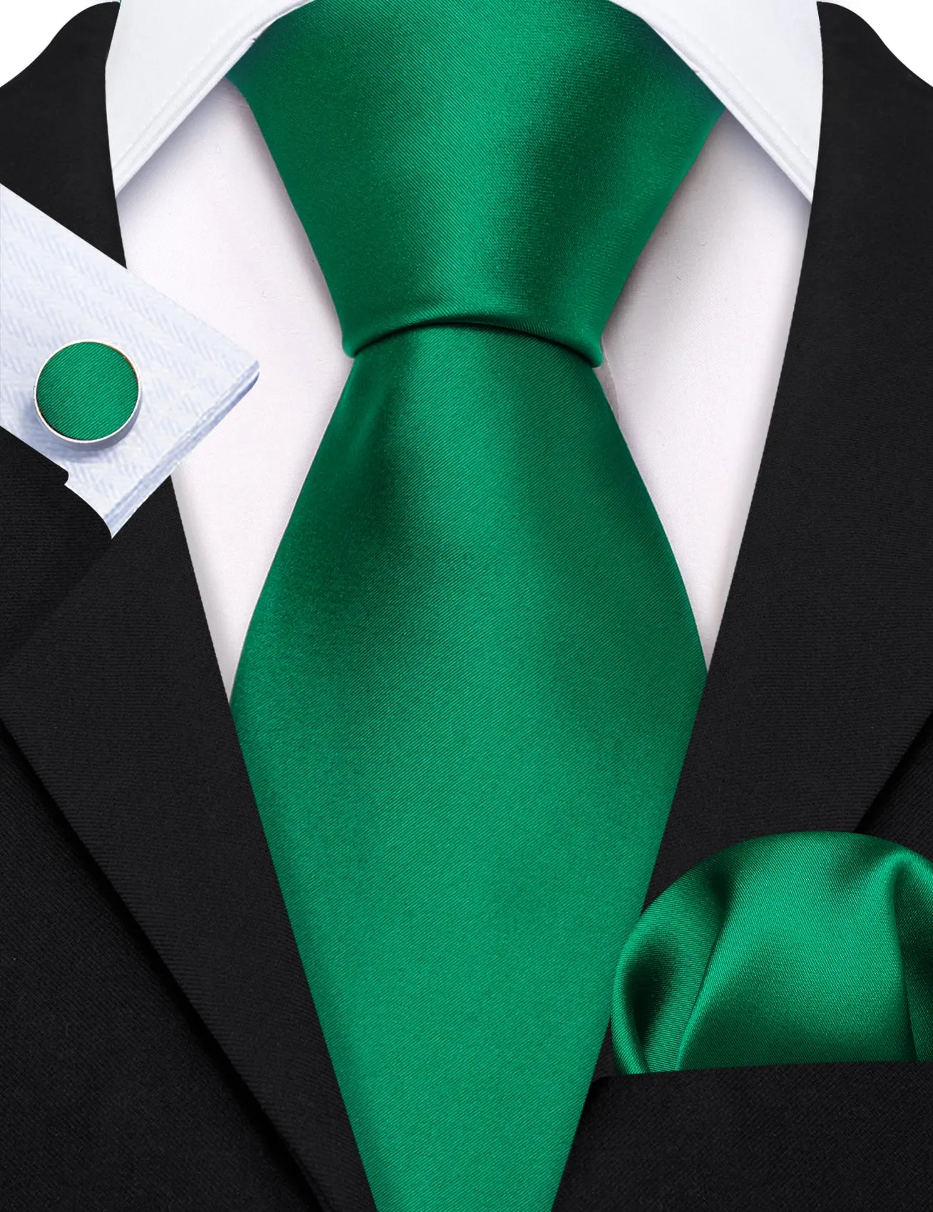 Barry Wang Emerald Green Solid Silk Tie Handkerchief Cufflinks Set For Men sold by Barrywang product image thumbnail 3