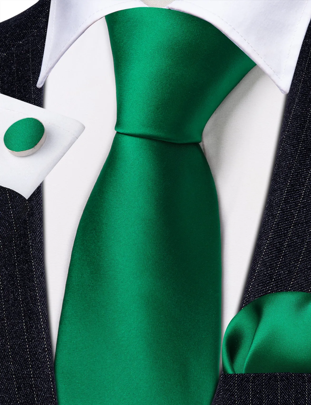 Barry Wang Emerald Green Solid Silk Tie Handkerchief Cufflinks Set For Men sold by Barrywang product image thumbnail 2