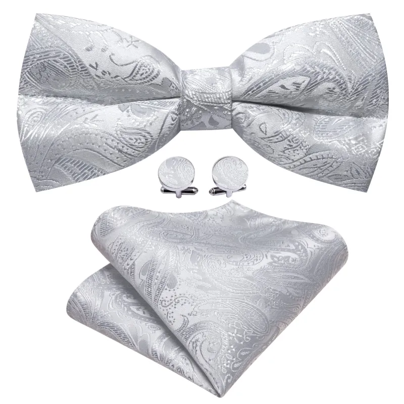 Barry. Wang Silver White Paisley Pre Tied Bow Tie Hanky Cufflinks Set sold by Barrywang