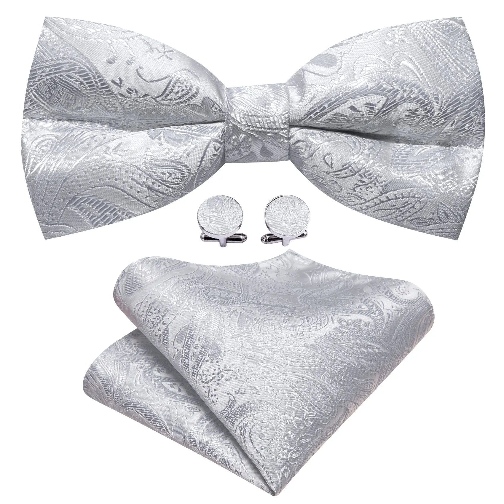 Barry. Wang Silver White Paisley Pre Tied Bow Tie Hanky Cufflinks Set sold by Barrywang