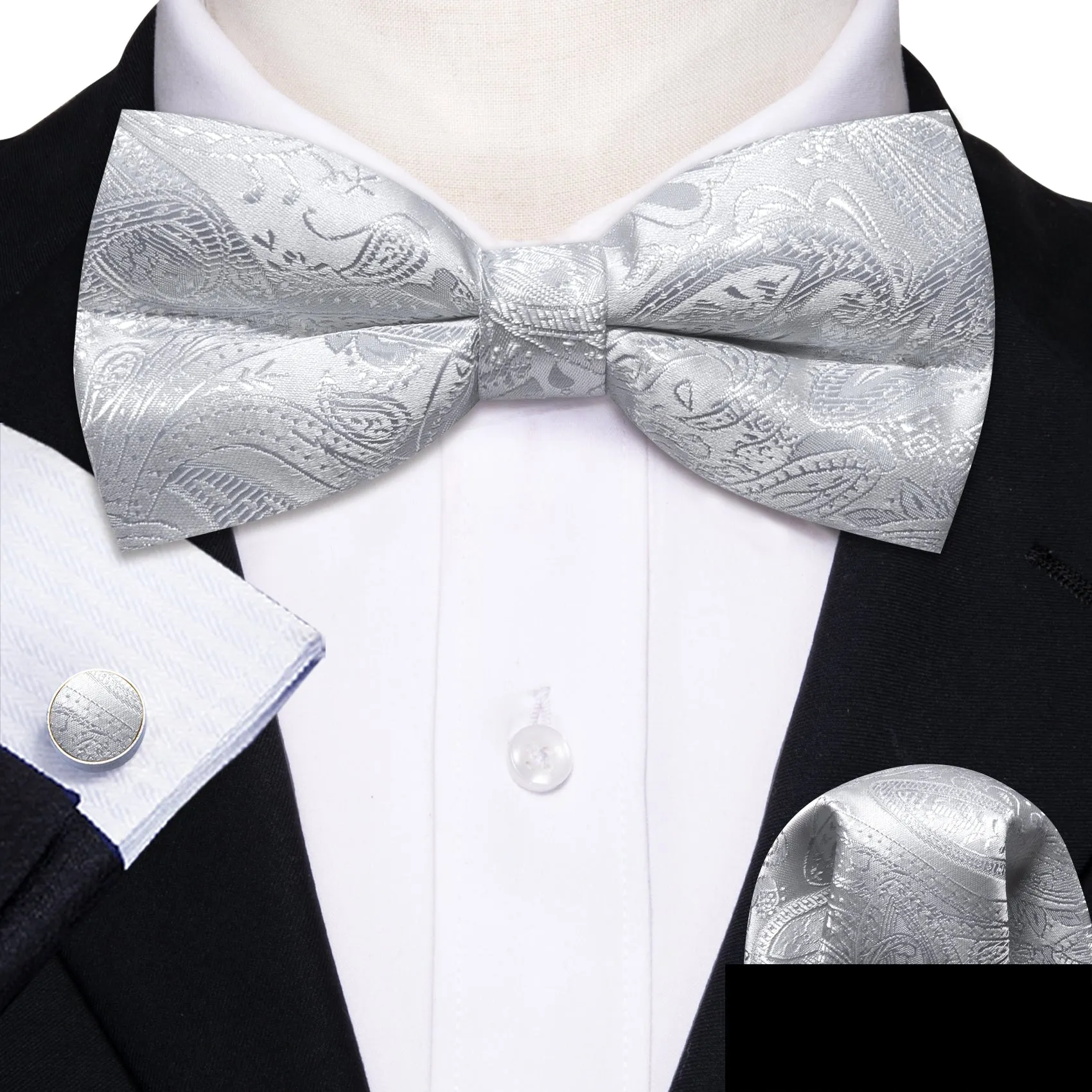 Barry. Wang Silver White Paisley Pre Tied Bow Tie Hanky Cufflinks Set sold by Barrywang product image thumbnail 2