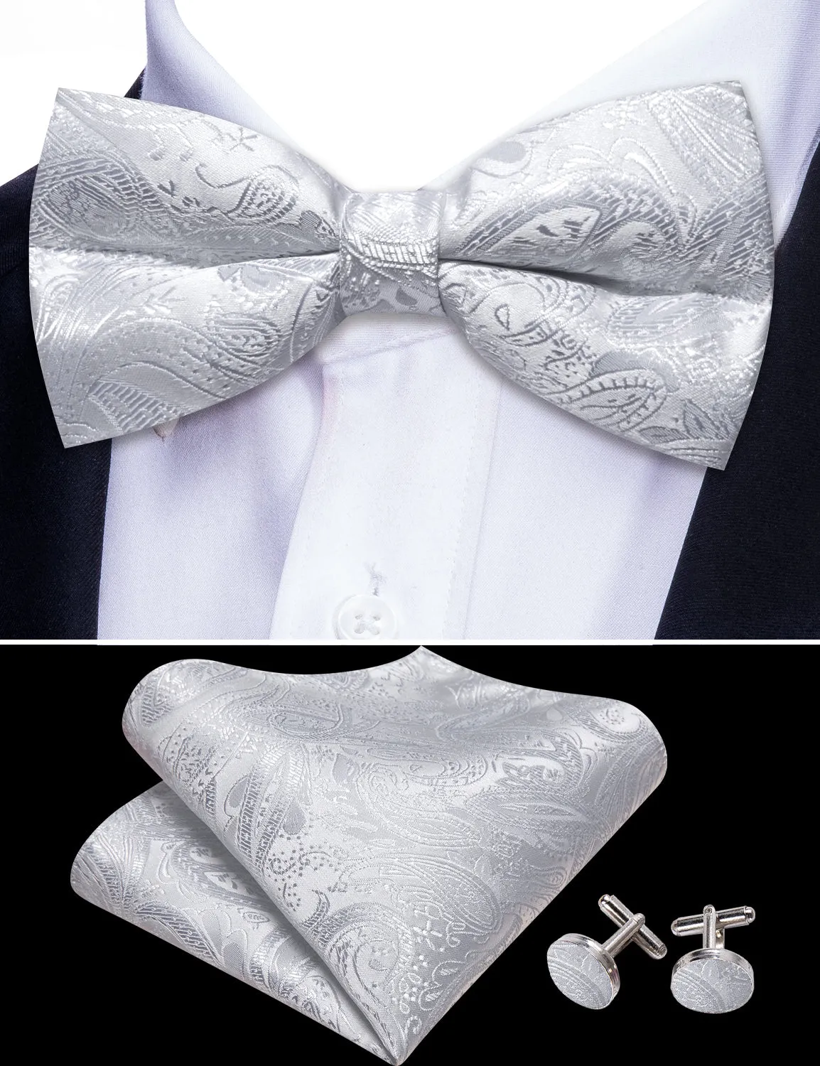 Barry. Wang Silver White Paisley Pre Tied Bow Tie Hanky Cufflinks Set sold by Barrywang product image thumbnail 5