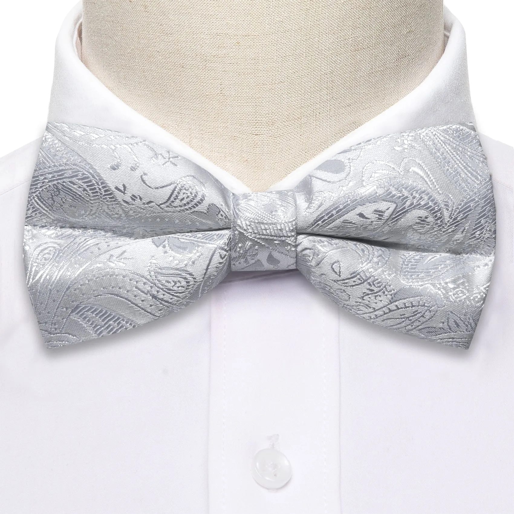 Barry. Wang Silver White Paisley Pre Tied Bow Tie Hanky Cufflinks Set sold by Barrywang product image thumbnail 3