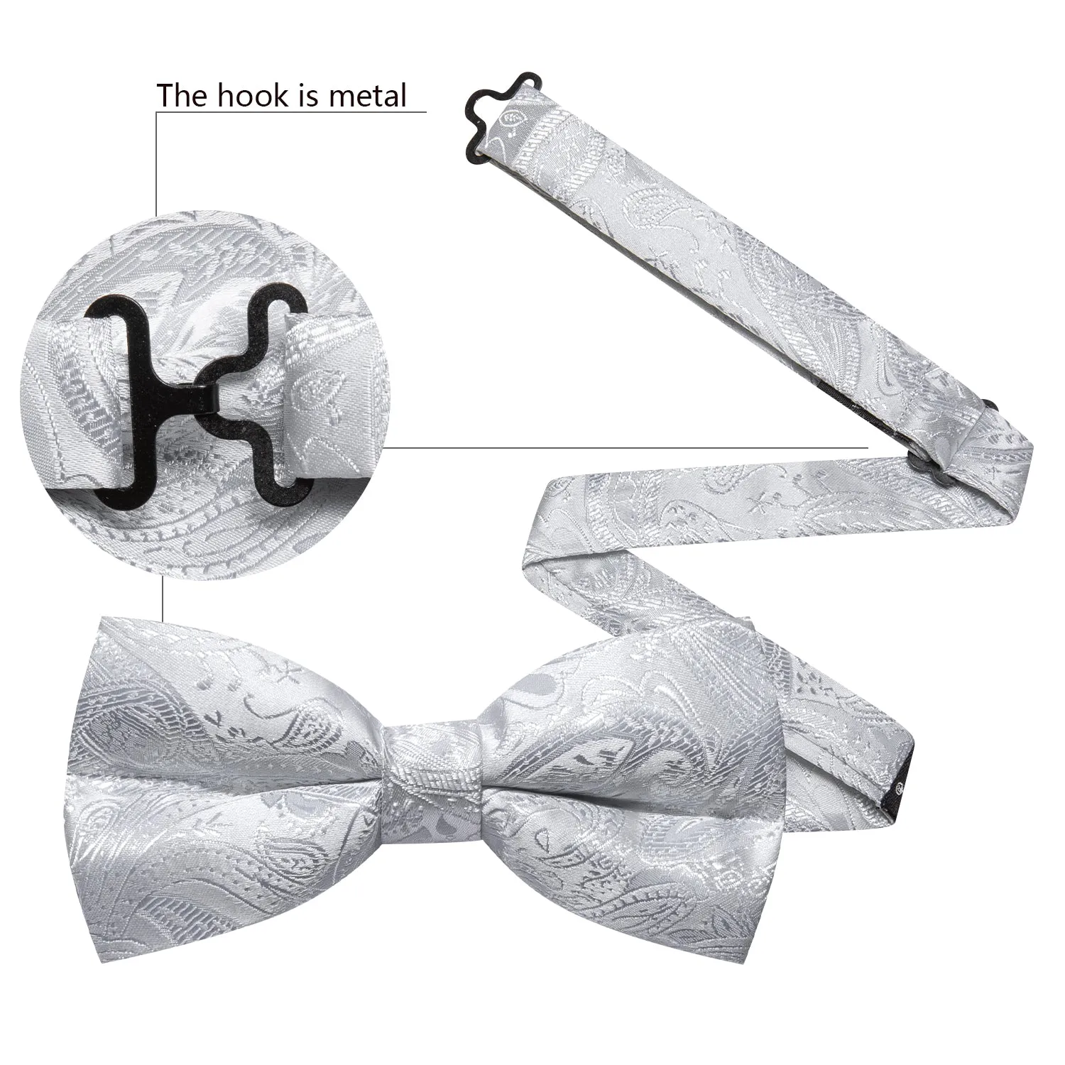 Barry. Wang Silver White Paisley Pre Tied Bow Tie Hanky Cufflinks Set sold by Barrywang product image thumbnail 4