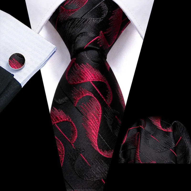 Barry Wang Mens Black Tie Red Jacquard Pattern Novelty Necktie Set sold by Barrywang