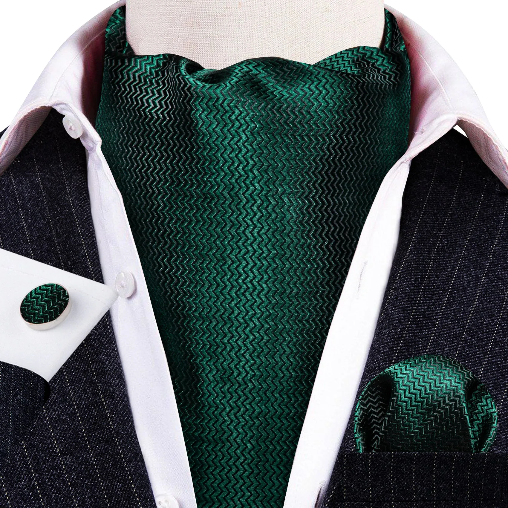 Green Solid Silk Ascot Tie Handkerchief Cufflinks Set sold by Barrywang