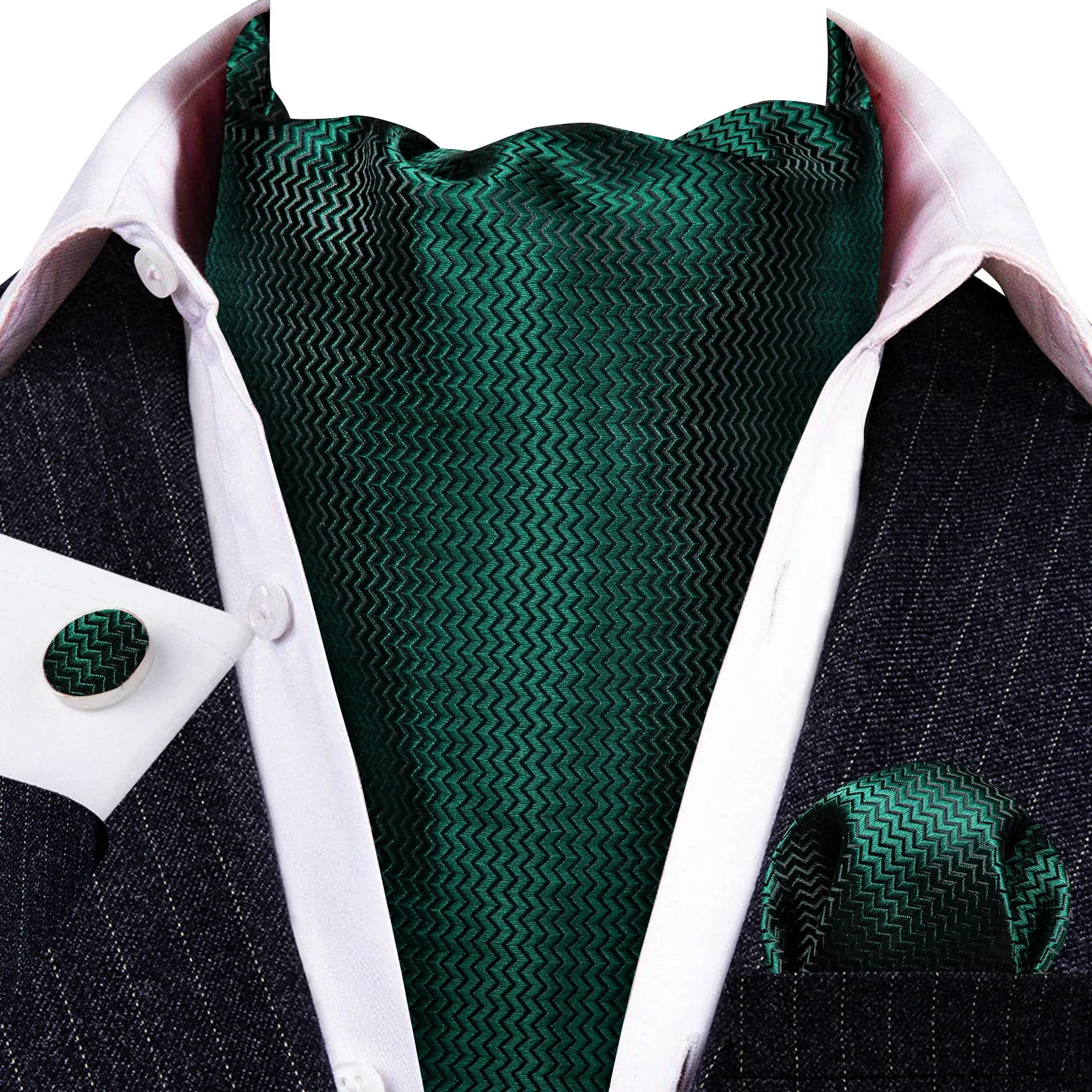 Green Solid Silk Ascot Tie Handkerchief Cufflinks Set sold by Barrywang product image thumbnail 2