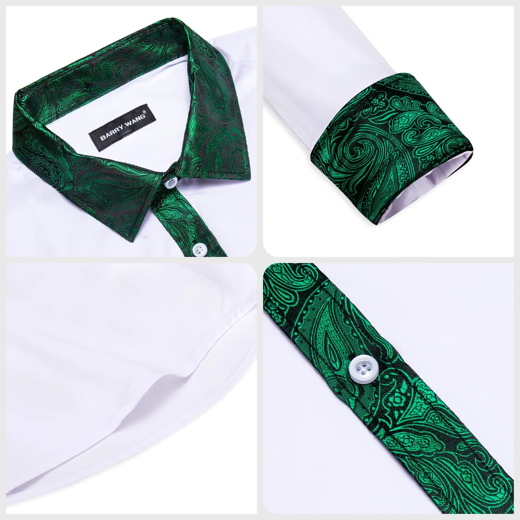 Barry. Wang White Shirt Green Paisley Cuffs Mens Silk Long Sleeve Shirt sold by Barrywang product image thumbnail 4