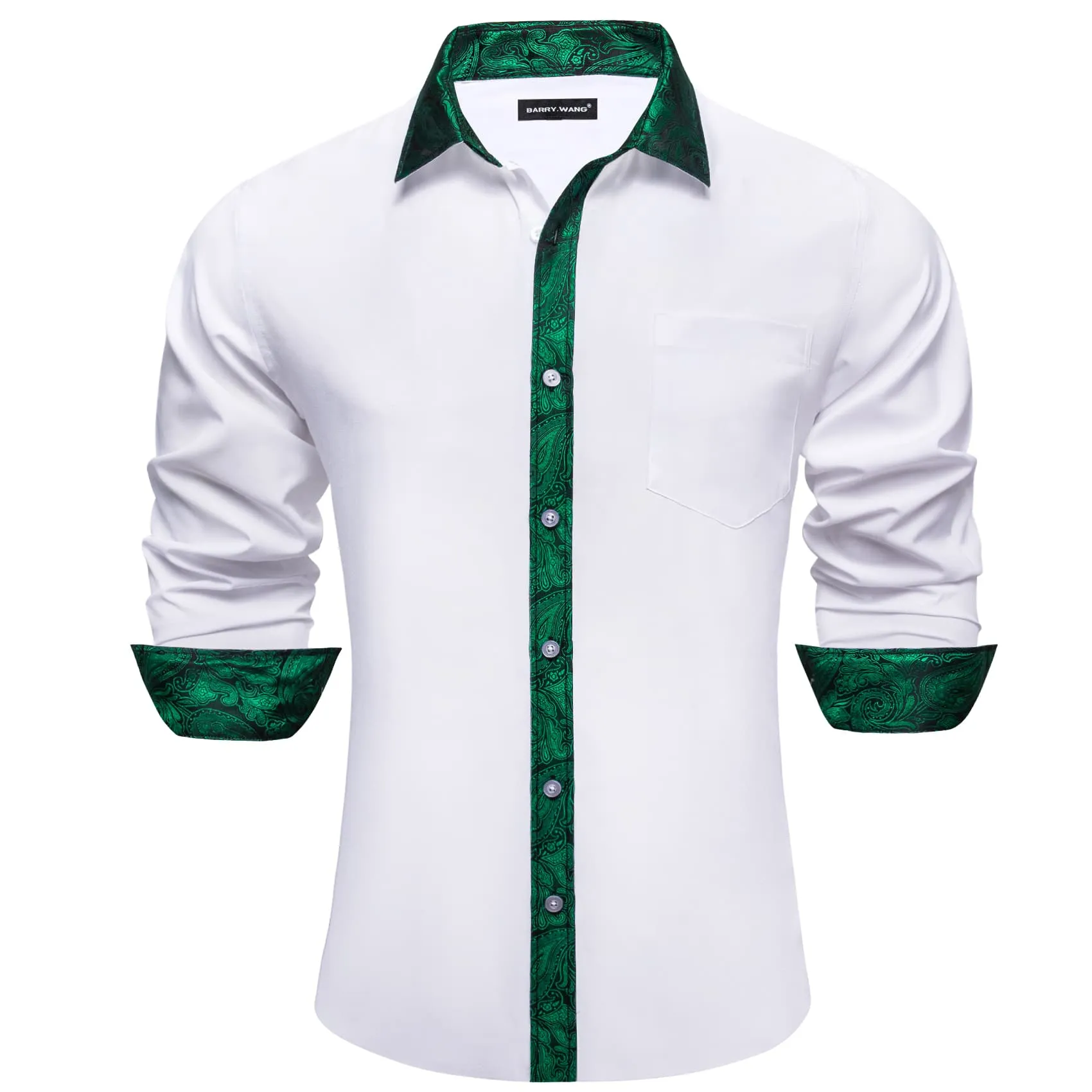 Barry. Wang White Shirt Green Paisley Cuffs Mens Silk Long Sleeve Shirt sold by Barrywang