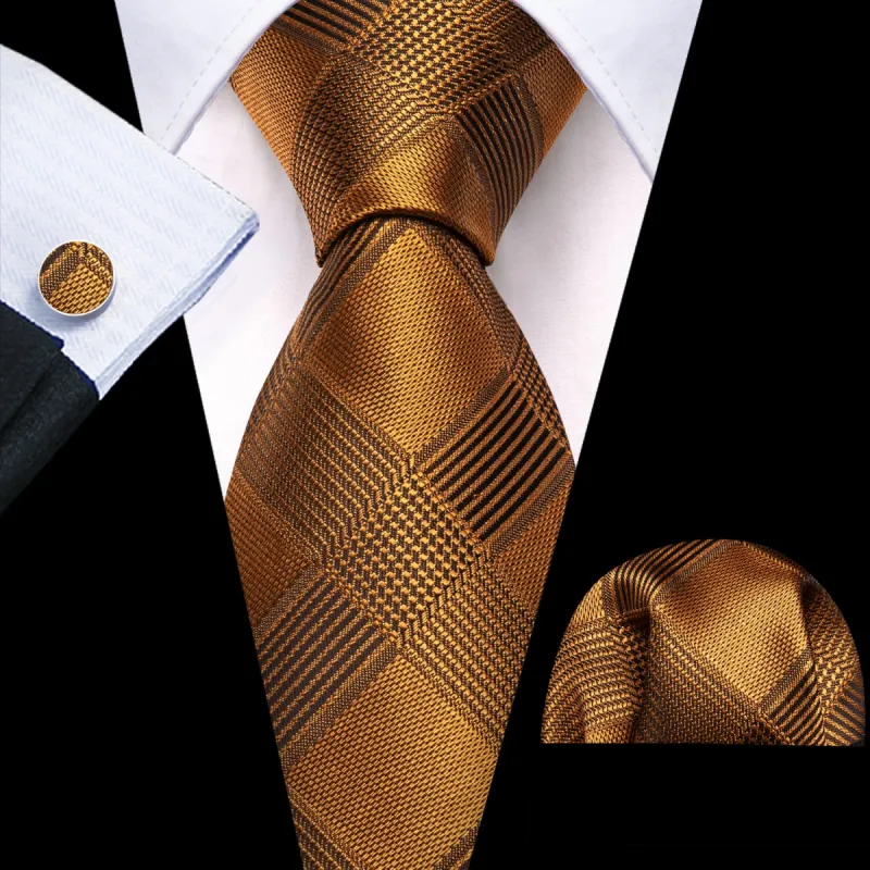 Barry Wang Plaid Tie Gold Black Checkered Necktie and Cufflink Set sold by Barrywang