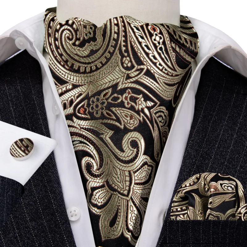 Gold Black Silk Paisley Ascot Handkerchief Cufflinks Set sold by Barrywang