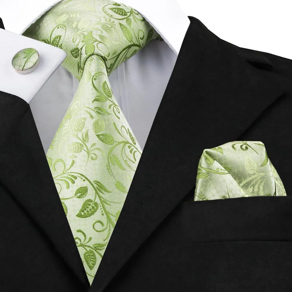 Barry. Wang Fluorescent Green Floral Tie Pocket Square Cufflinks Set sold by Barrywang
