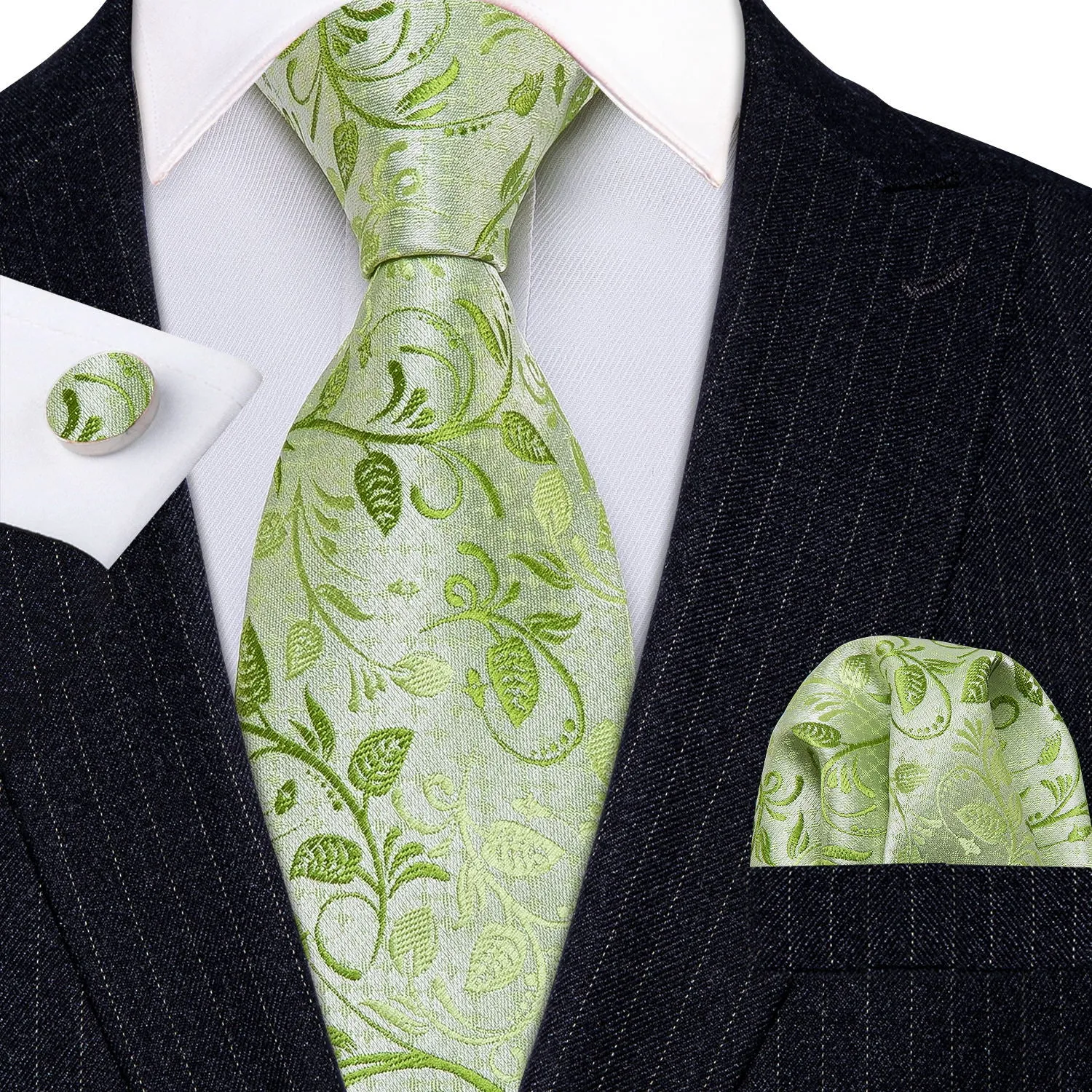 Barry. Wang Fluorescent Green Floral Tie Pocket Square Cufflinks Set sold by Barrywang product image thumbnail 2