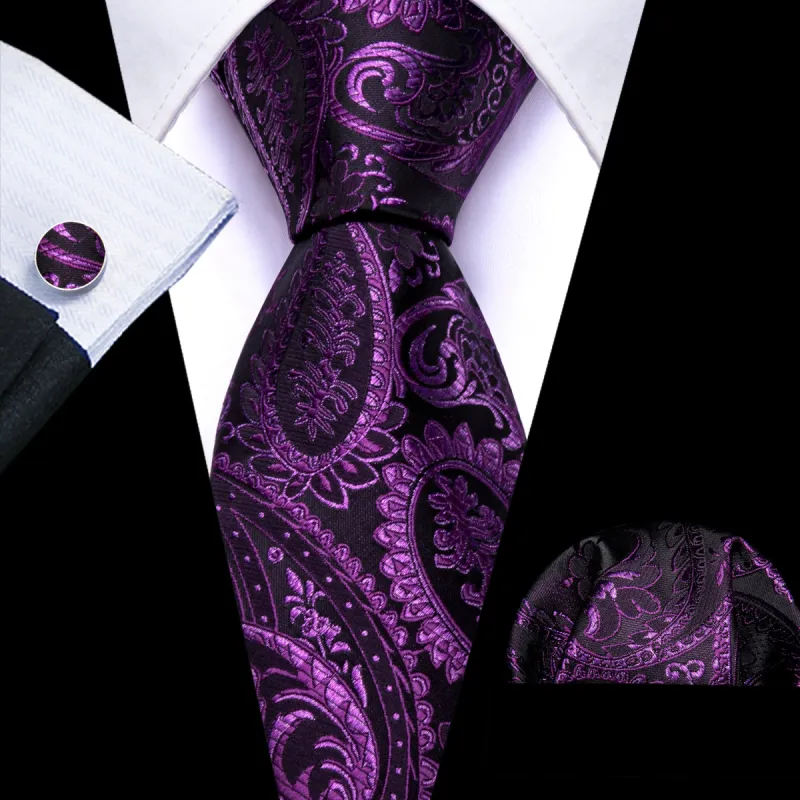 Barry Wang Mens Purple Tie Paisley Silk Tie Handkerchief Cufflinks Set sold by Barrywang