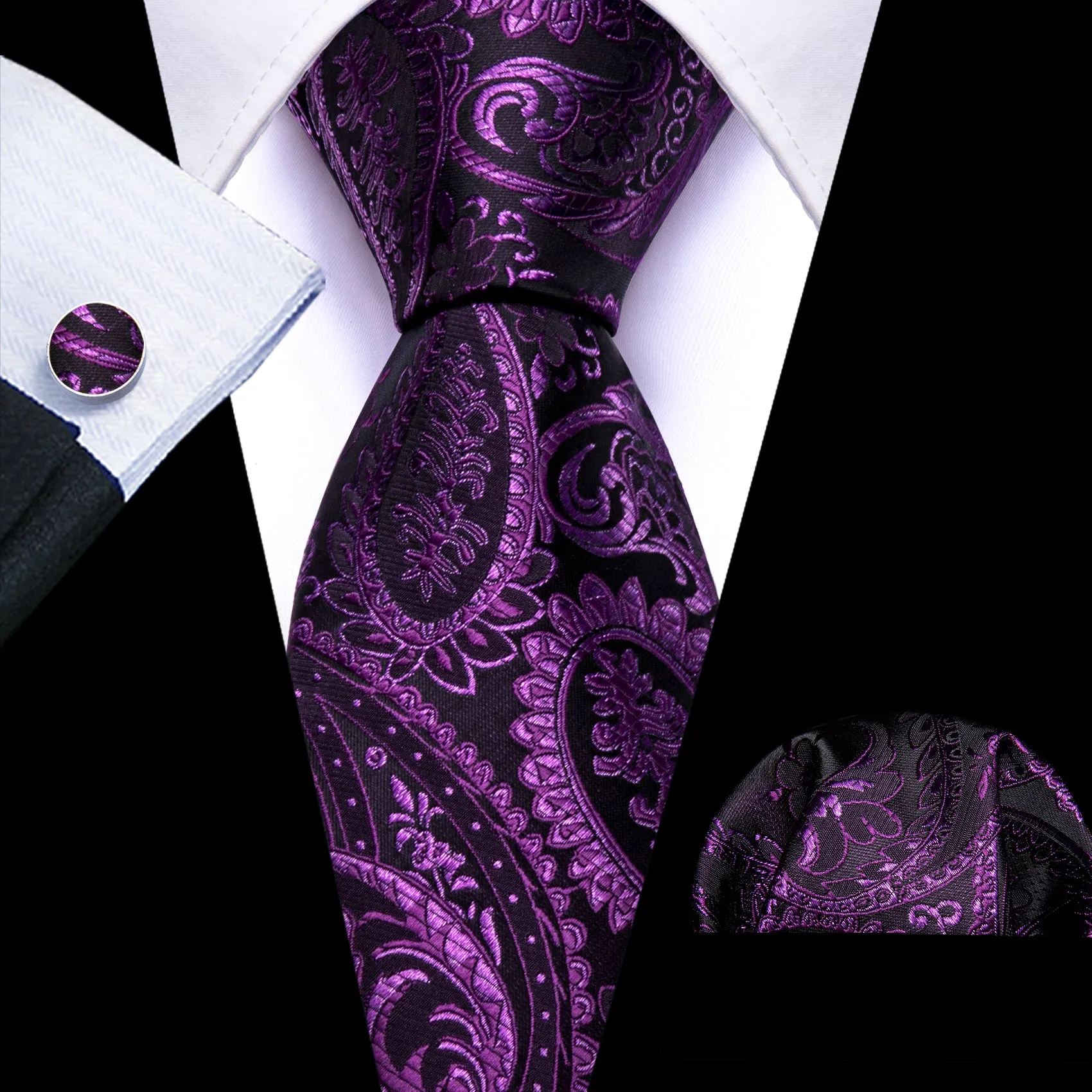 Barry Wang Mens Purple Tie Paisley Silk Tie Handkerchief Cufflinks Set sold by Barrywang