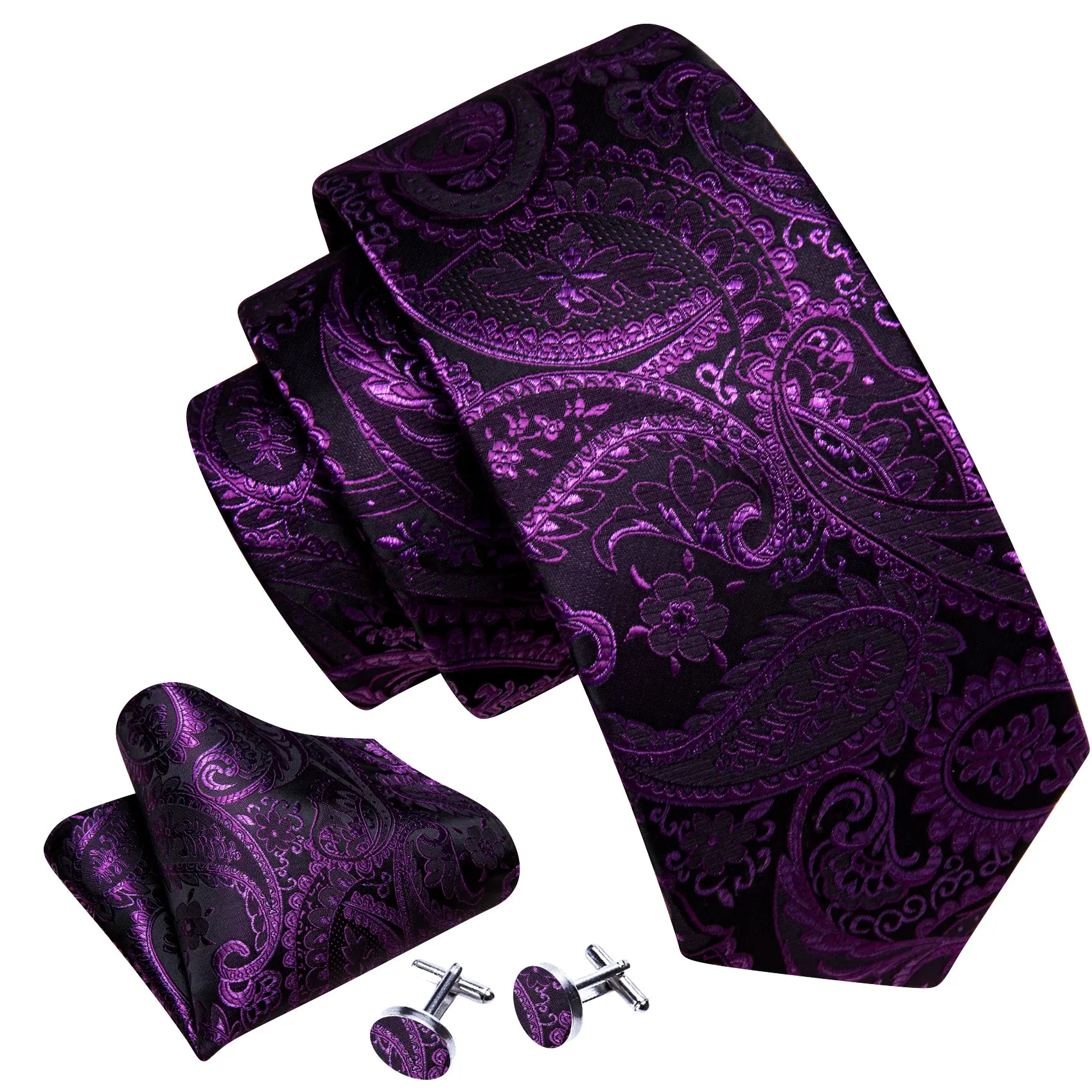 Barry Wang Mens Purple Tie Paisley Silk Tie Handkerchief Cufflinks Set sold by Barrywang product image thumbnail 2