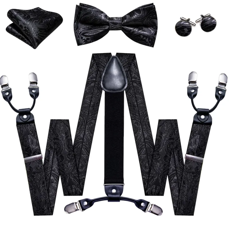 Barry Wang Mens Suspenders Dark Black Paisley Bow Tie Suspenders Set sold by Barrywang