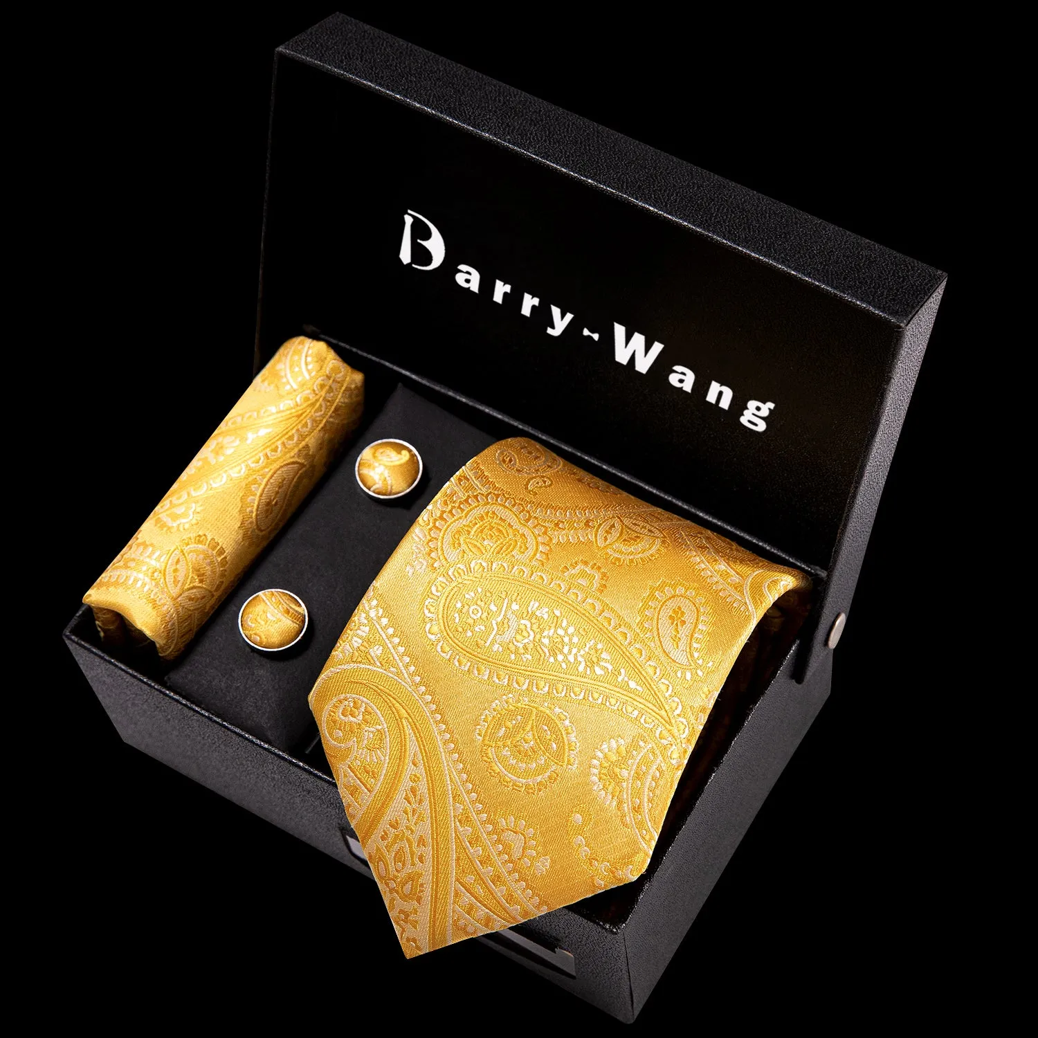 Barry. Wang Golden Floral Silk Men's Necktie Pocket Square Cufflinks Gift Box Set sold by Barrywang product image thumbnail 2