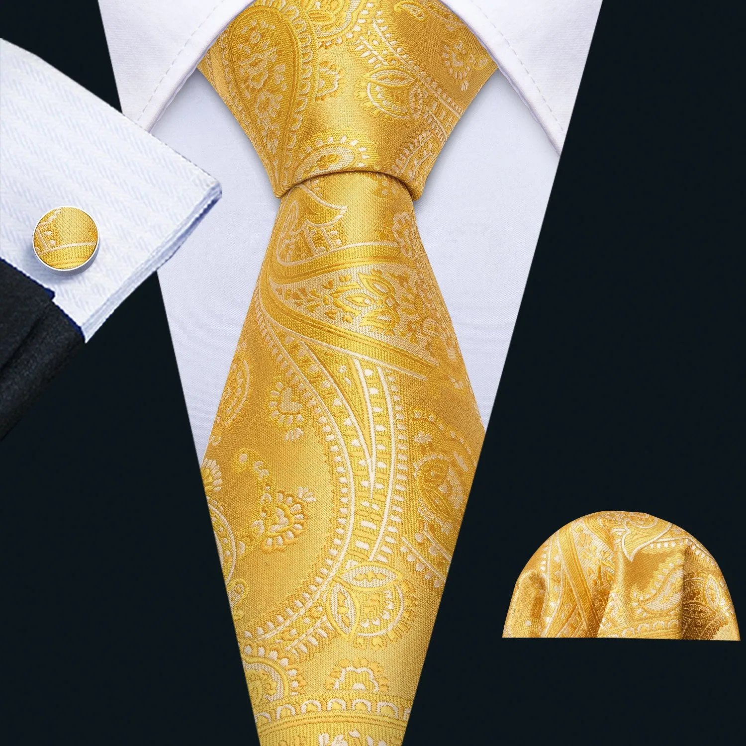 Barry. Wang Golden Floral Silk Men's Necktie Pocket Square Cufflinks Gift Box Set sold by Barrywang product image thumbnail 3