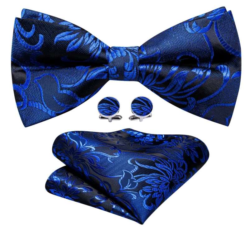 Barry. Wang Cobalt Blue Paisley Pre-tied Bow Tie Hanky Cufflinks Set made by Barrywang