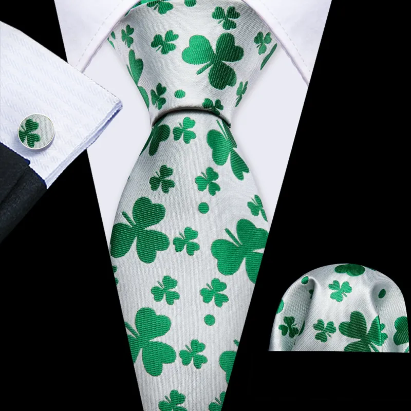 Barry Wang White Green Clover Silk Tie Handkerchief Cufflinks Set sold by Barrywang