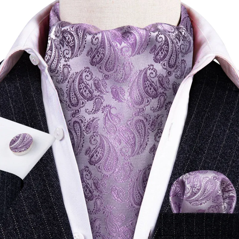 Purple White Paisley Silk Ascot Tie Handkerchief Cufflinks Set sold by Barrywang