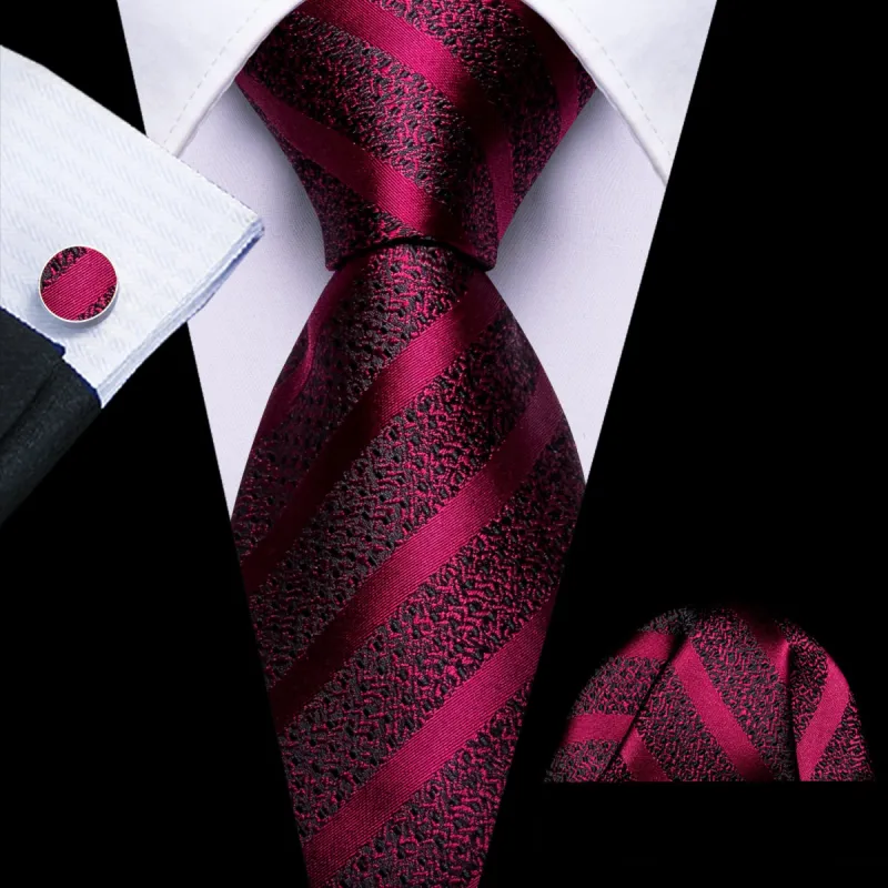 Barry Wang Burgundy Tie Black Red Pattern Mens Tie Hanky Cufflinks Set sold by Barrywang