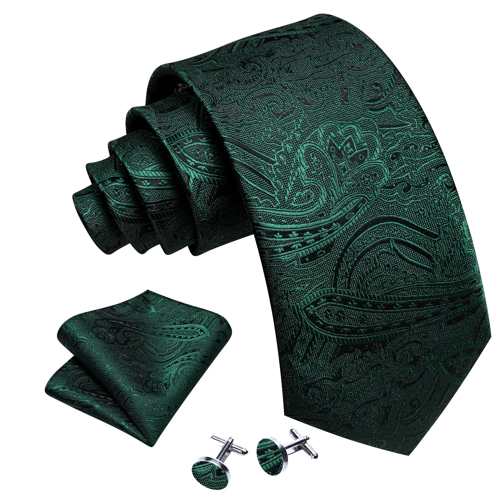 Barry Wang Green Tie Jacquard Paisley Silk Men's Tie Hanky Cufflinks Set sold by Barrywang product image thumbnail 3