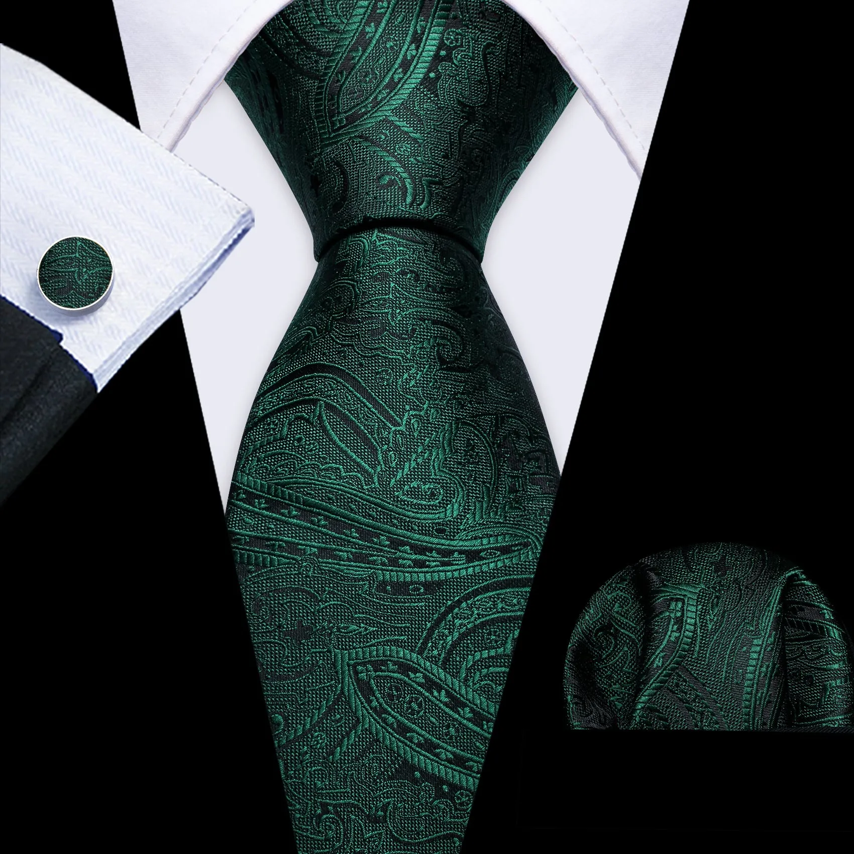 Barry Wang Green Tie Jacquard Paisley Silk Men's Tie Hanky Cufflinks Set sold by Barrywang