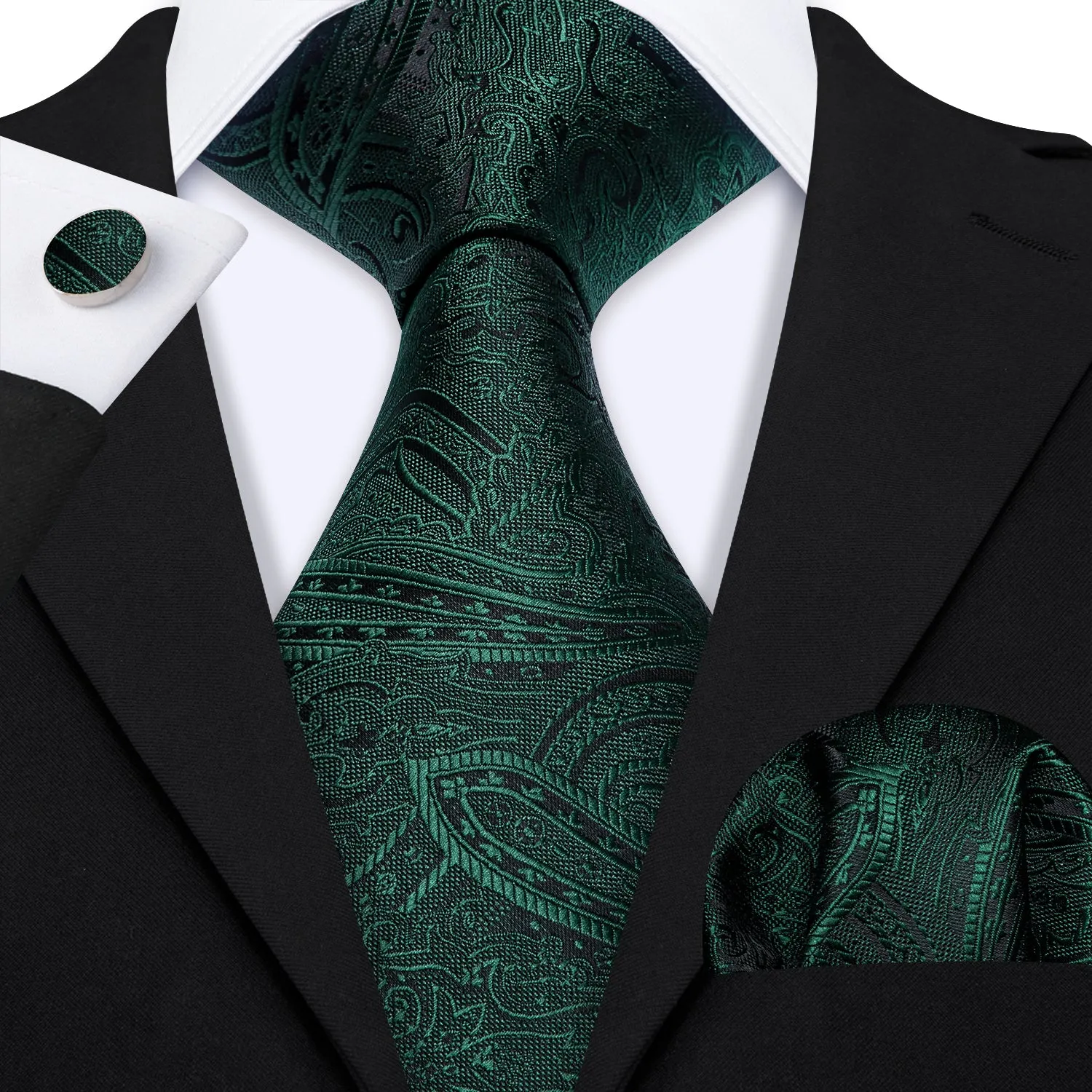 Barry Wang Green Tie Jacquard Paisley Silk Men's Tie Hanky Cufflinks Set sold by Barrywang product image thumbnail 2