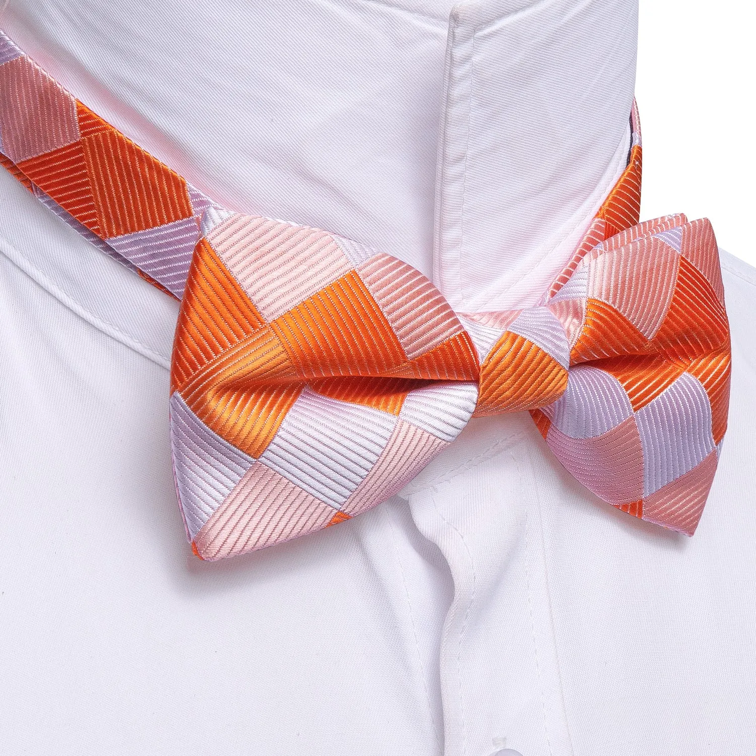 Orange White Plaid Silk Pre Tied Bow Tie Hanky Cufflinks Set sold by Barrywang product image thumbnail 5
