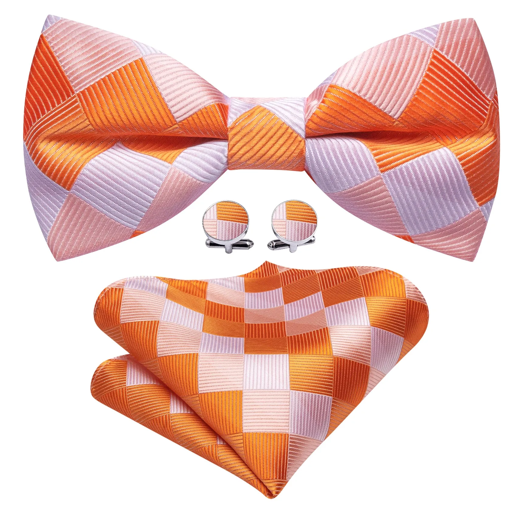 Orange White Plaid Silk Pre Tied Bow Tie Hanky Cufflinks Set sold by Barrywang