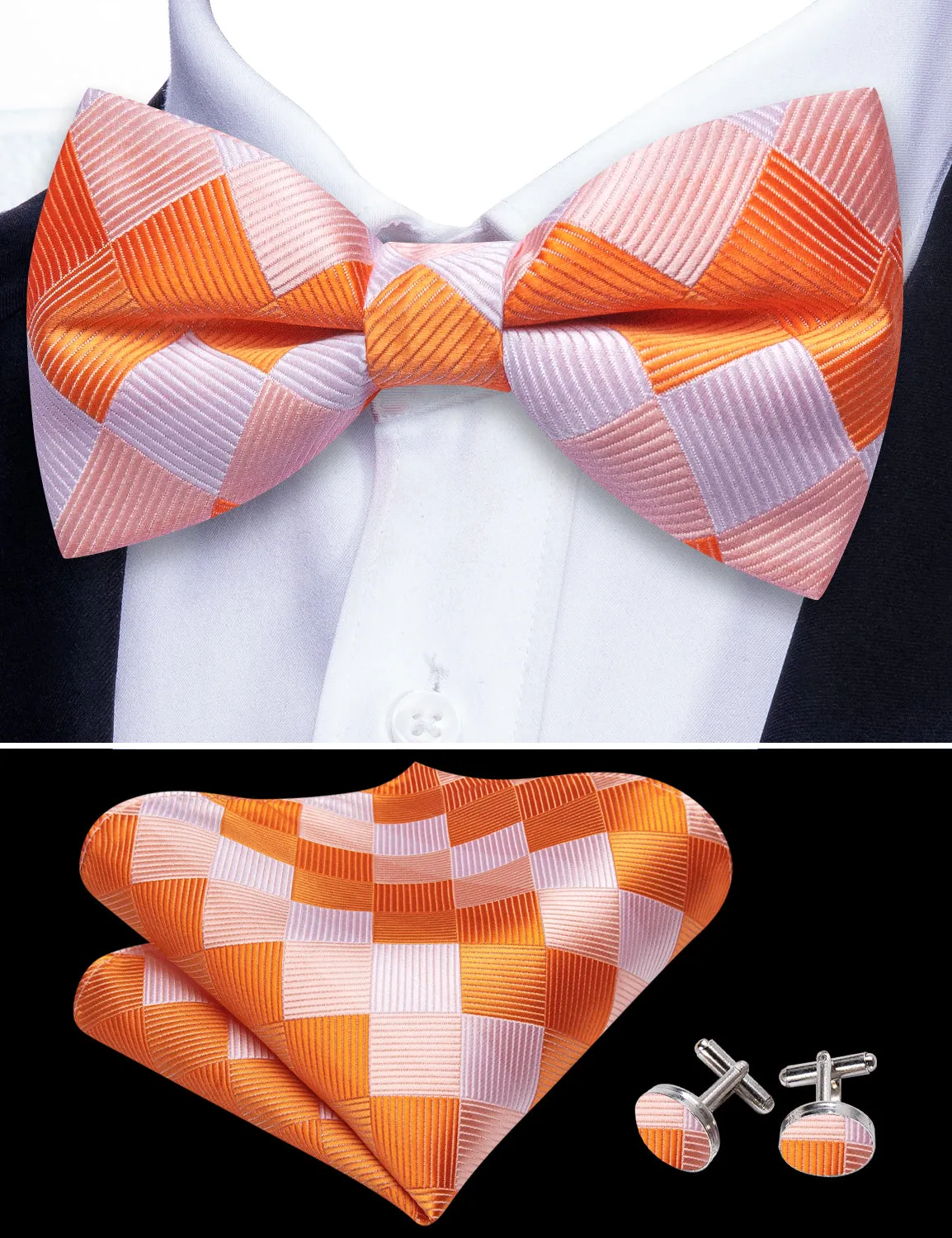 Orange White Plaid Silk Pre Tied Bow Tie Hanky Cufflinks Set sold by Barrywang product image thumbnail 4