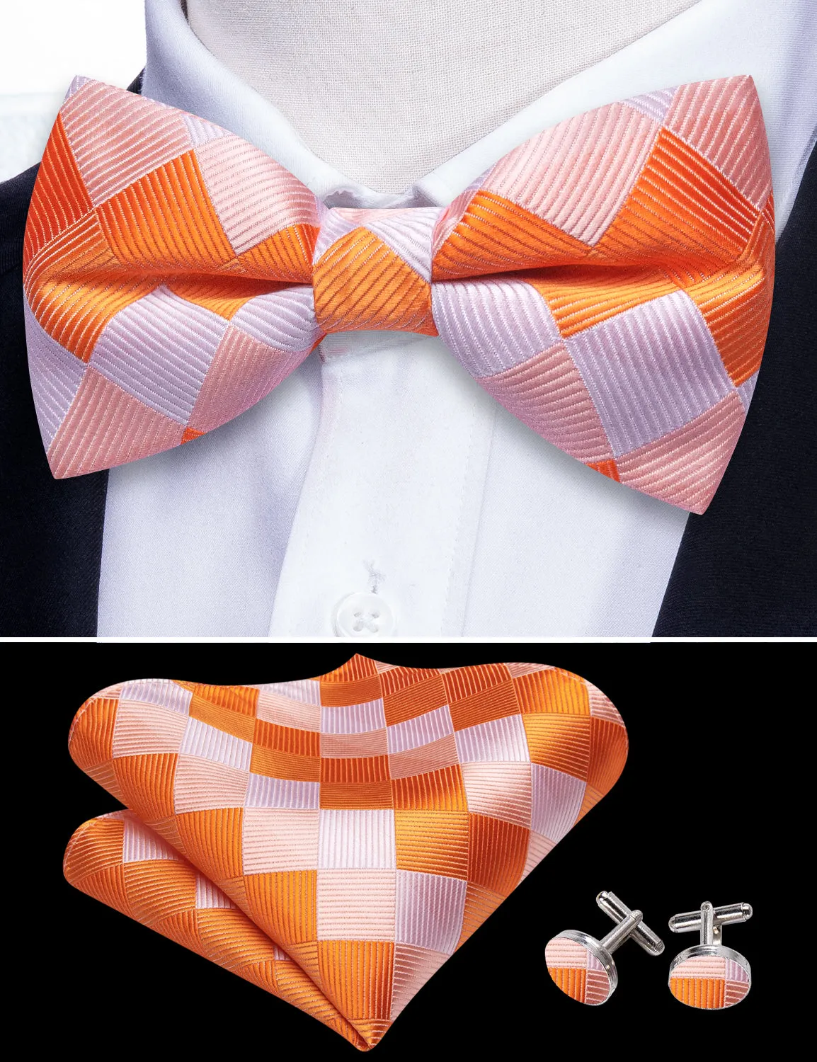 Orange White Plaid Silk Pre Tied Bow Tie Hanky Cufflinks Set sold by Barrywang product image thumbnail 3
