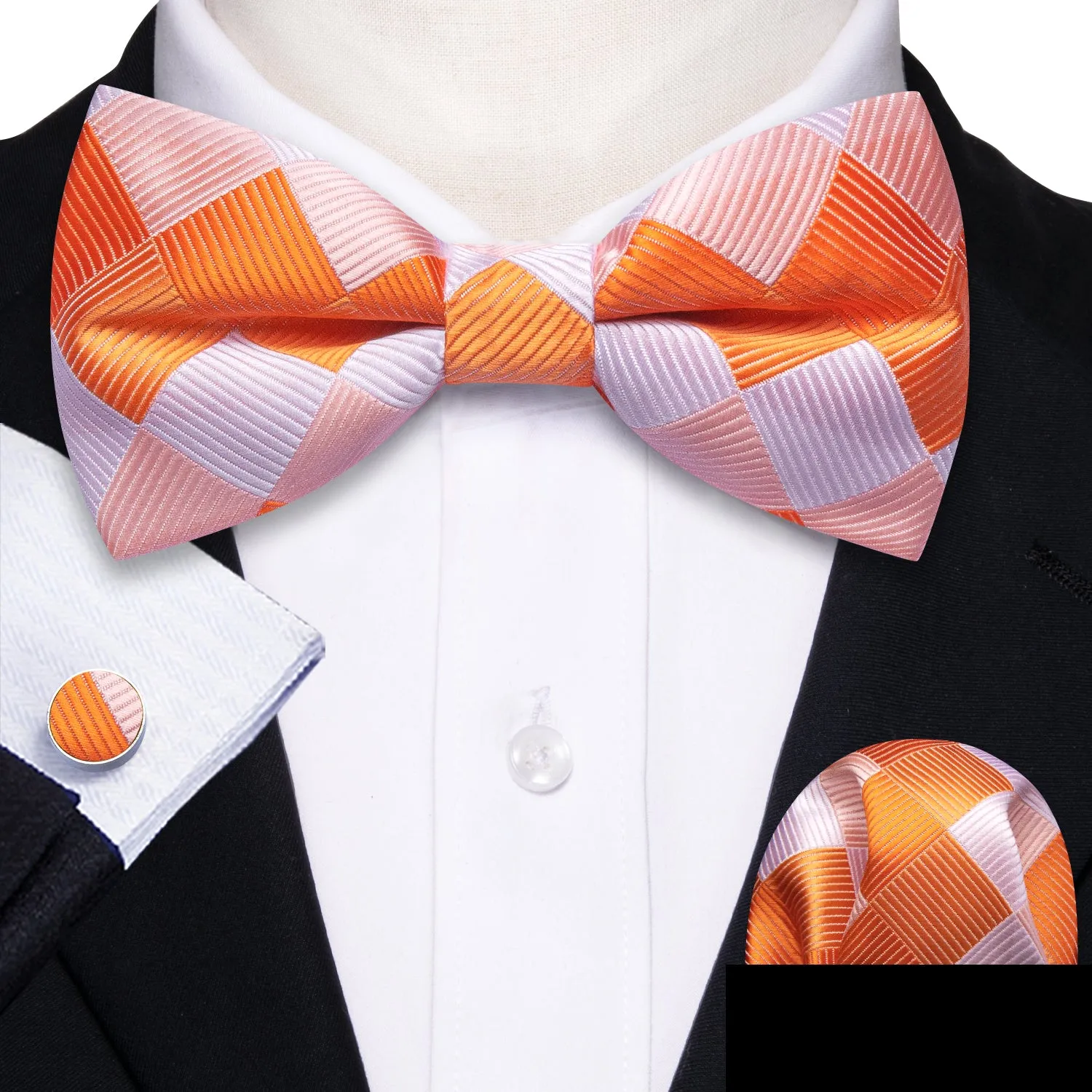 Orange White Plaid Silk Pre Tied Bow Tie Hanky Cufflinks Set sold by Barrywang product image thumbnail 2