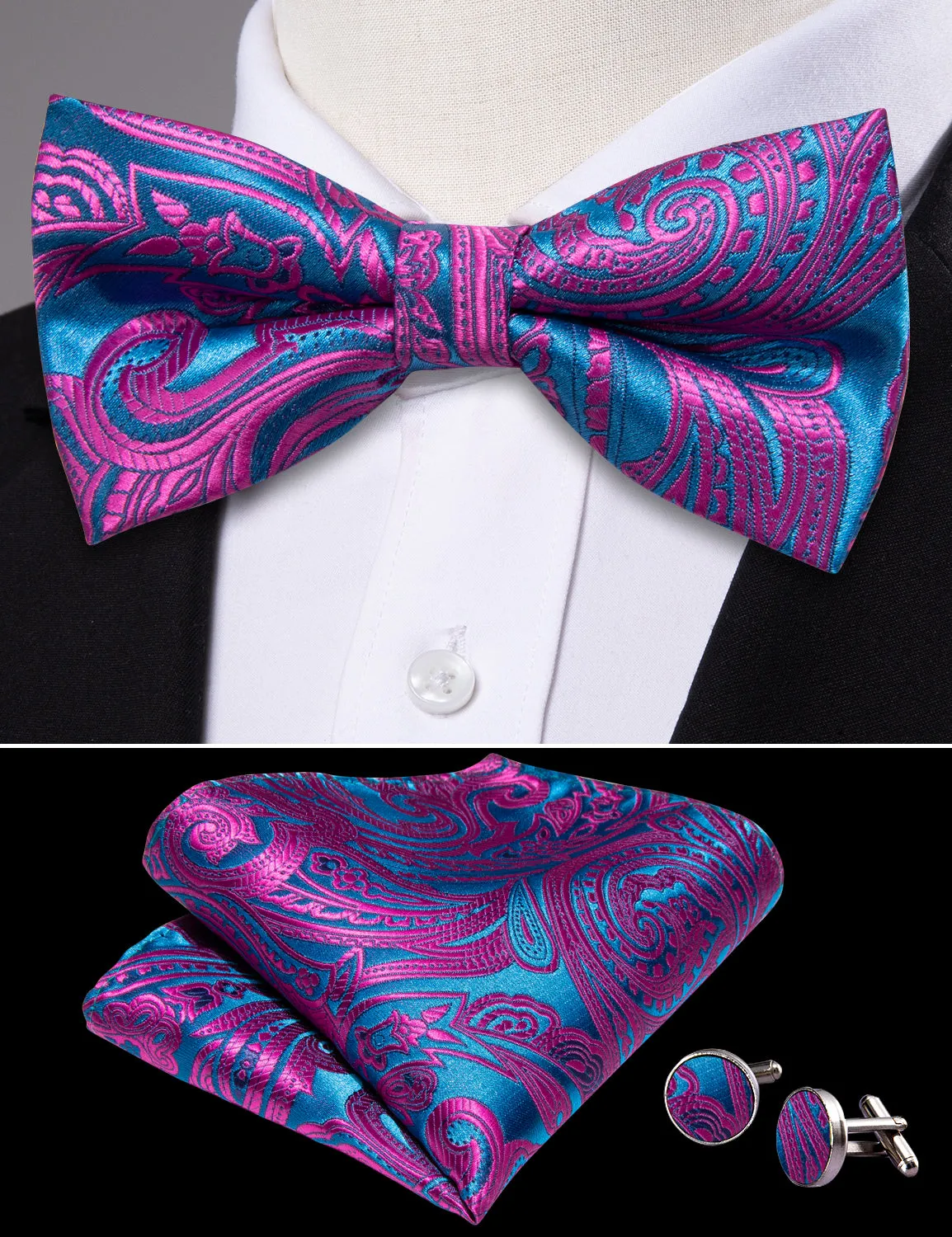Barry. Wang Purple RoyalBlue Paisley Pre-tied Bow Tie Hanky Cufflinks Set sold by Barrywang product image thumbnail 4