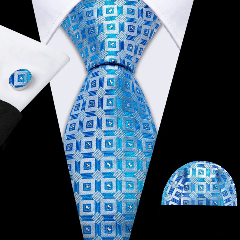 Barry Wang Light Blue Tie Plaid Silk Tie Handkerchief Cufflinks Set sold by Barrywang