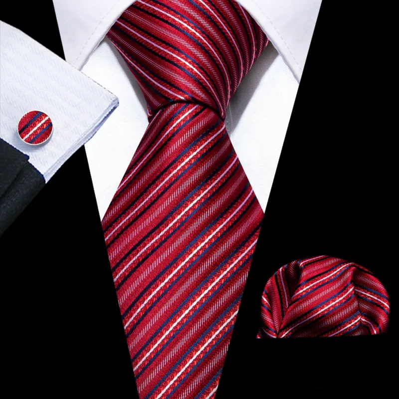 Barry Wang Ties Red White Striped Silk Tie Handkerchief Cufflinks Set sold by Barrywang