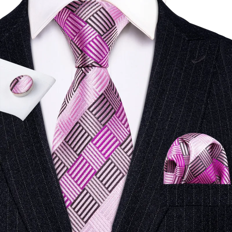 Barry.wang Pink Tie Geometric Plaid Tie Pocket Square Cufflinks Set sold by Barrywang