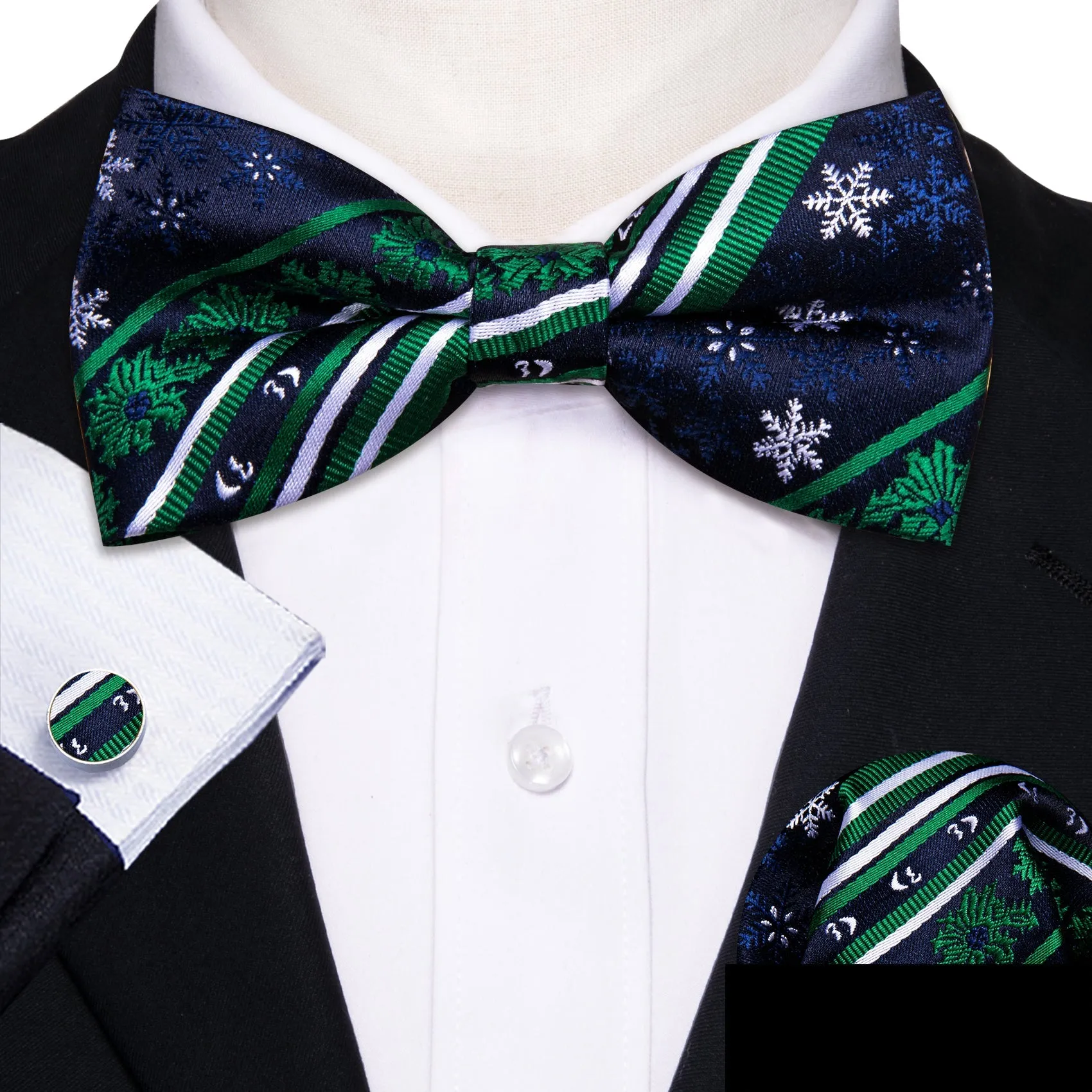 Barry Wang Christmas Blue Green Snowflake Silk Bow Tie Hanky Cufflinks Set sold by Barrywang product image thumbnail 3