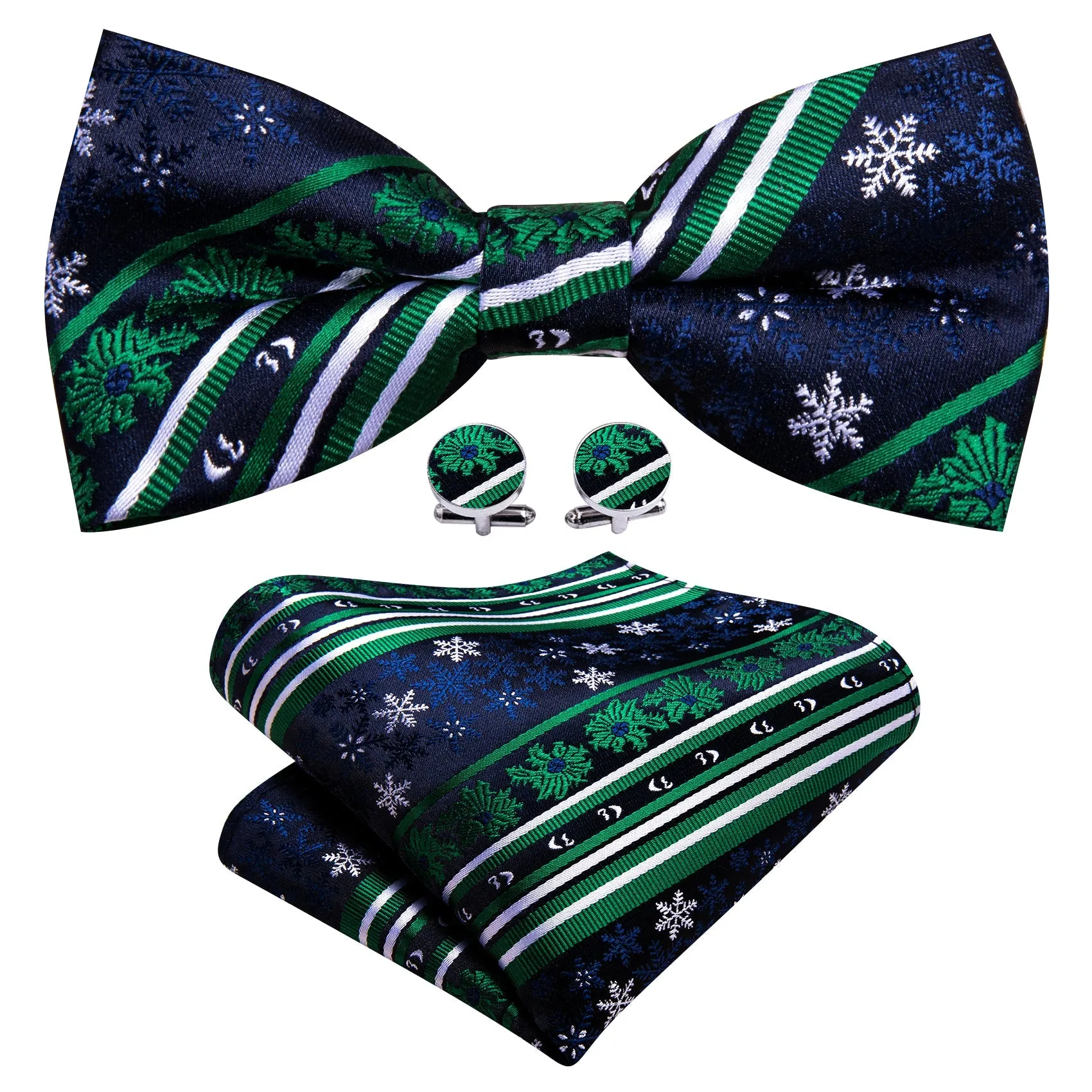 Barry Wang Christmas Blue Green Snowflake Silk Bow Tie Hanky Cufflinks Set sold by Barrywang