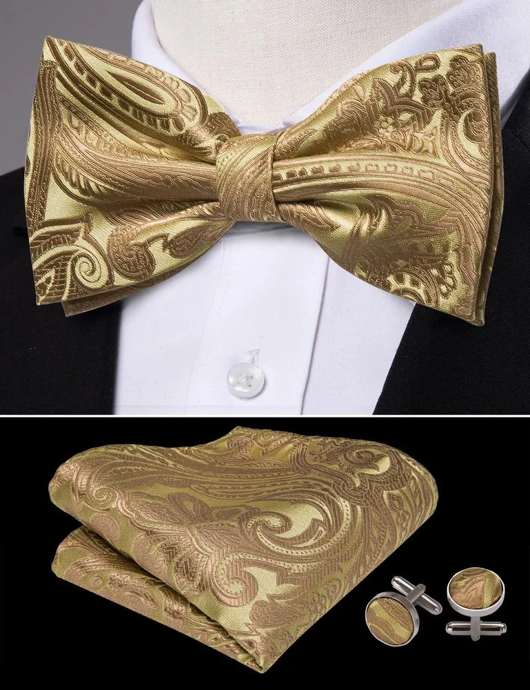 Barry. Wang Gold Tie Jacquard Woven Paisley Pre-tied Bow Tie for Men sold by Barrywang product image thumbnail 3