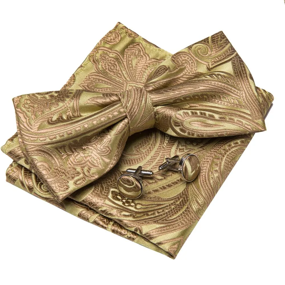 Barry. Wang Gold Tie Jacquard Woven Paisley Pre-tied Bow Tie for Men sold by Barrywang product image thumbnail 2