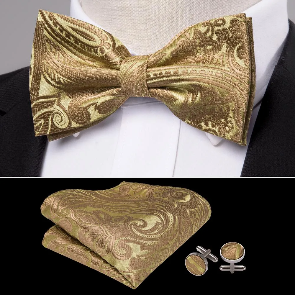 Barry. Wang Gold Tie Jacquard Woven Paisley Pre-tied Bow Tie for Men sold by Barrywang product image thumbnail 4