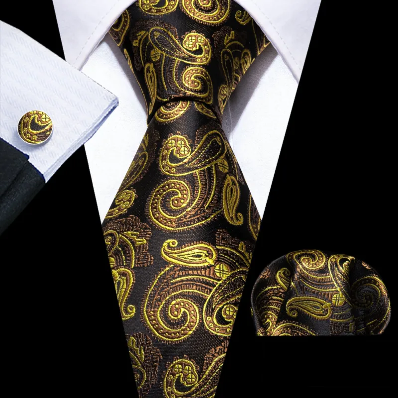 Barry Wang Gold Brown Paisley Tie Handkerchief Cufflinks Set for Men sold by Barrywang